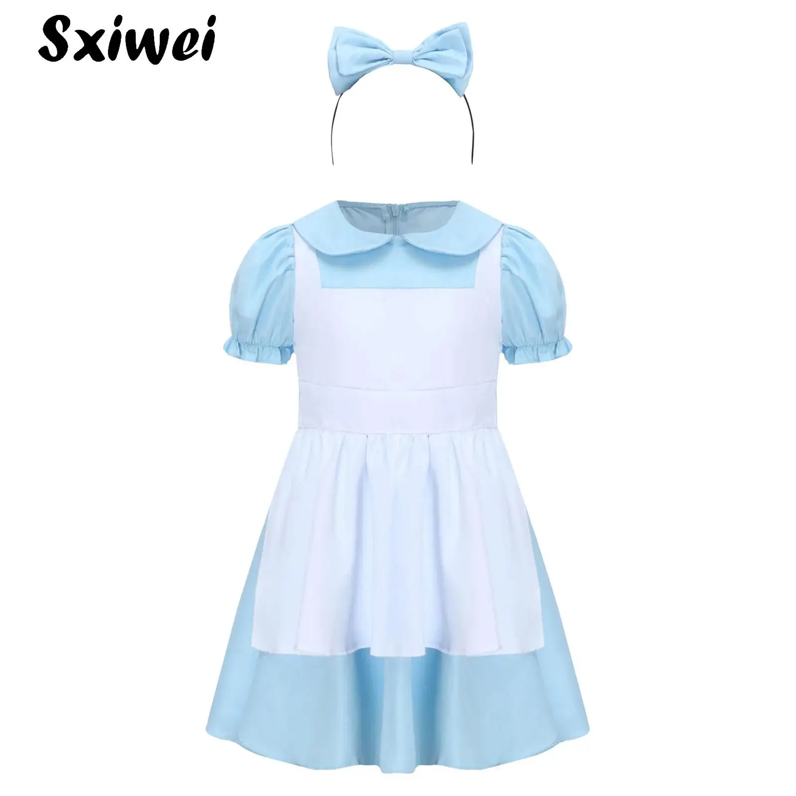 

Kids Girl Fancy Wonderland Party Dress Halloween Princess Cosplay Doll Collar Lolita Maid Mini Ruffled Dress with Headwear Blue