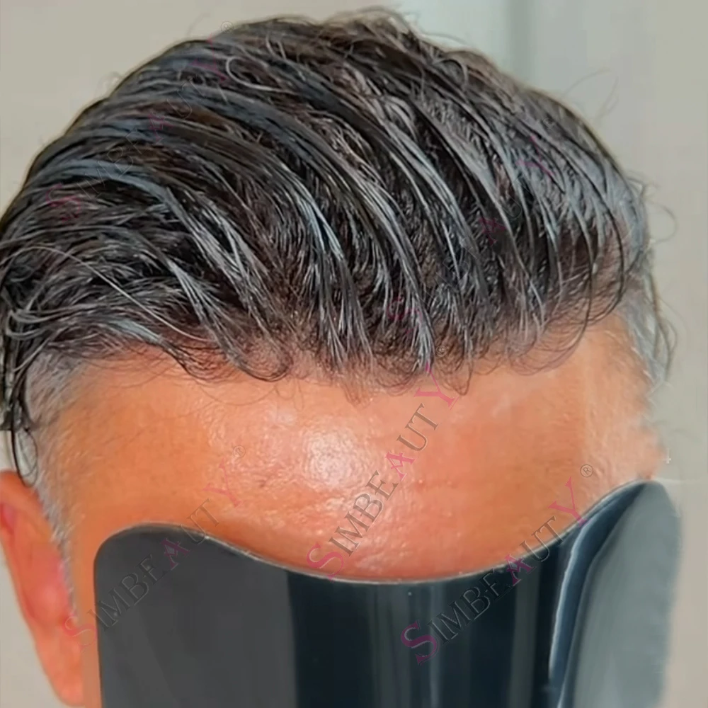 Light Weight80%Density 0.02mm Super Thin Skin Human Hair Replacement System 1B10 210# Grey Hair Men Toupee Undetected Hairline