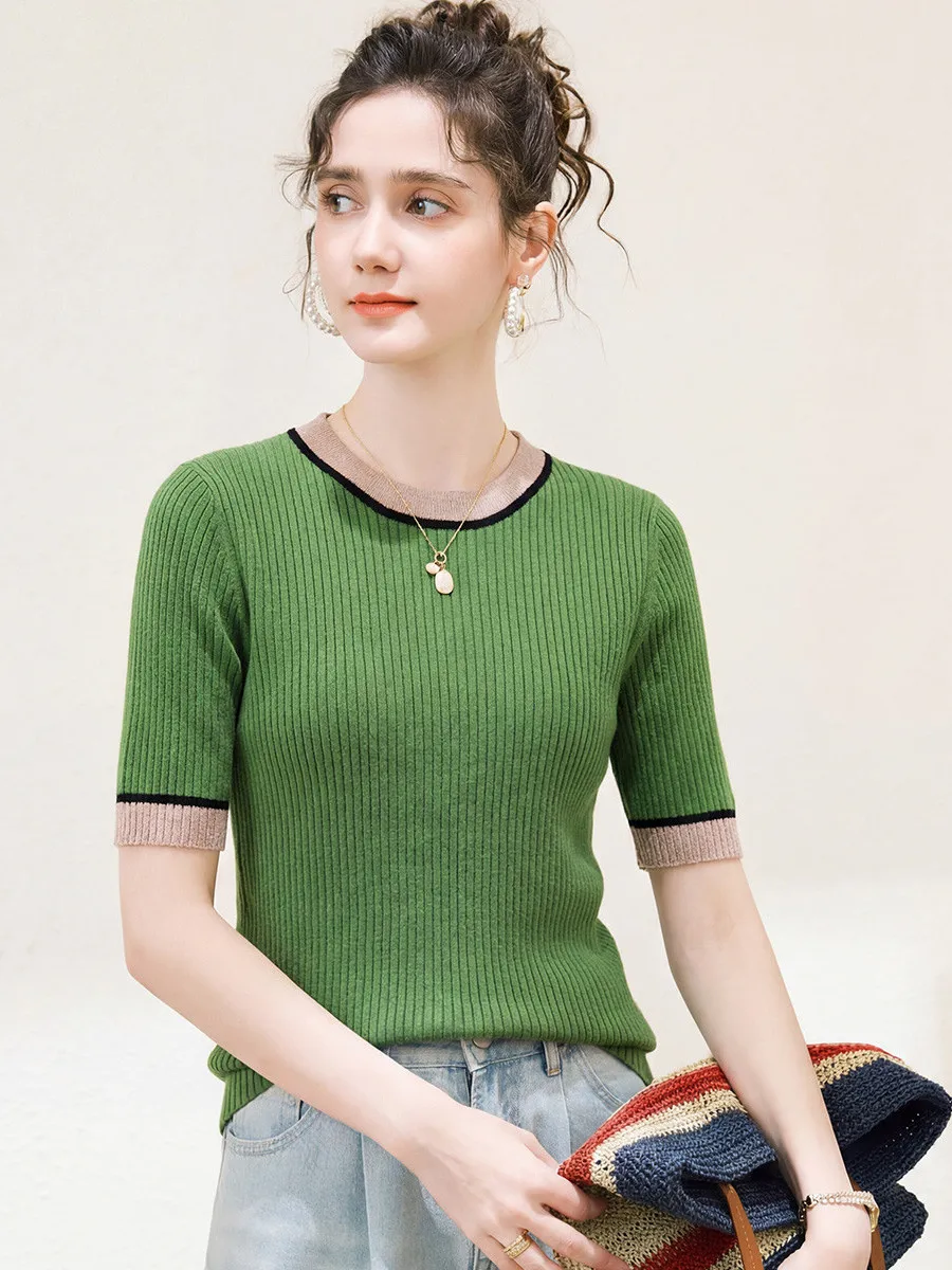 Camiseta de Manga Corta para Mujer, Corte Ajustado, Cuello Redondo, Bloques de Color, Tejido de Punto, Estilo Casual, Moda Primavera Verano, KANIN KONGE
