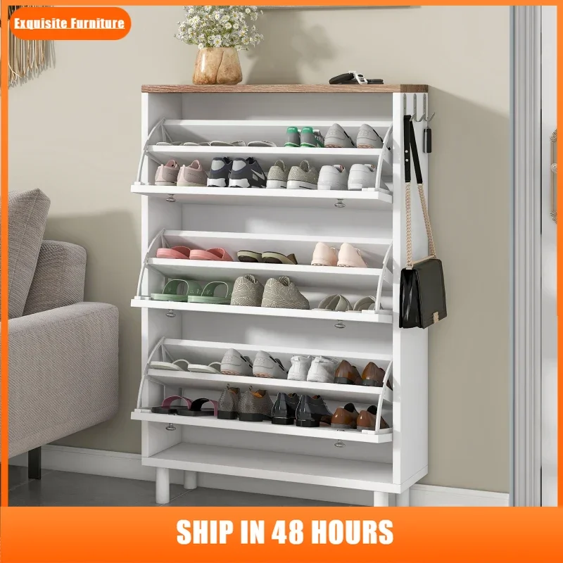 

Narrow Flip Bucket Shoe Cabinet | 3 Tier Storage 3 Hooks, Wood Grain Top & Adjustable Panel | Freestanding Entryway/Hallway