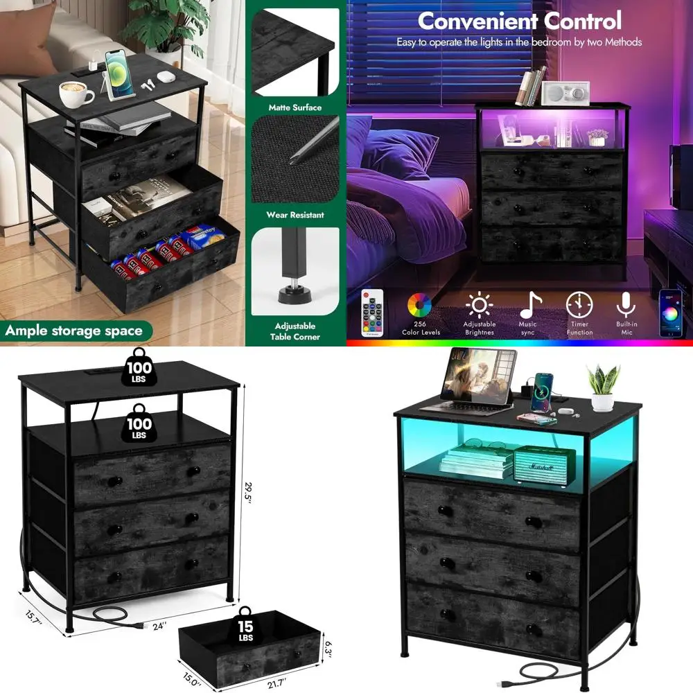 

24 Wide LED Nightstand with Charging, Fabric Drawer, Storage Shelf - Ideal for Living Room, Bedroom, Office in Black