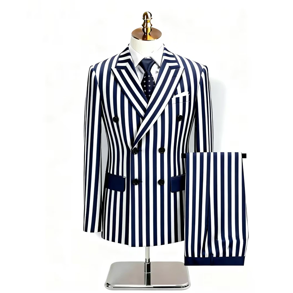 

Elegant Stripes Men's Suits 2 Pieces Jacket Pant Sets Formal Occasion Double Breasted Peak Lapel Male Fashion Banquet Clothing