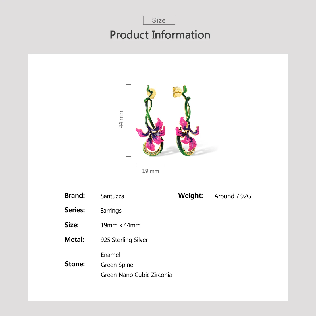 SANTUZZA Genuine 925 Sterling Silver Stud Earrings For Women Pink Enamel Flower Green Spinel Plant Long Trendy Fine Jewelry
