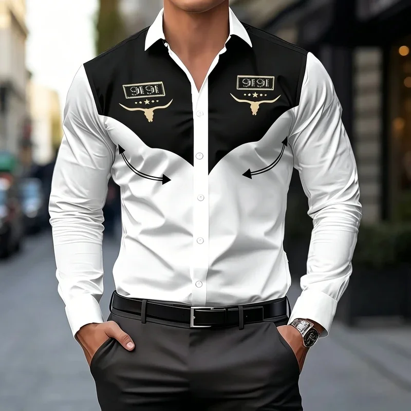 Men's Western Cowboy Bull Head Print Long-Sleeve Shirt, Slim Fit, Turn-Down Collar, American Country Style Shirt, Versatile Top