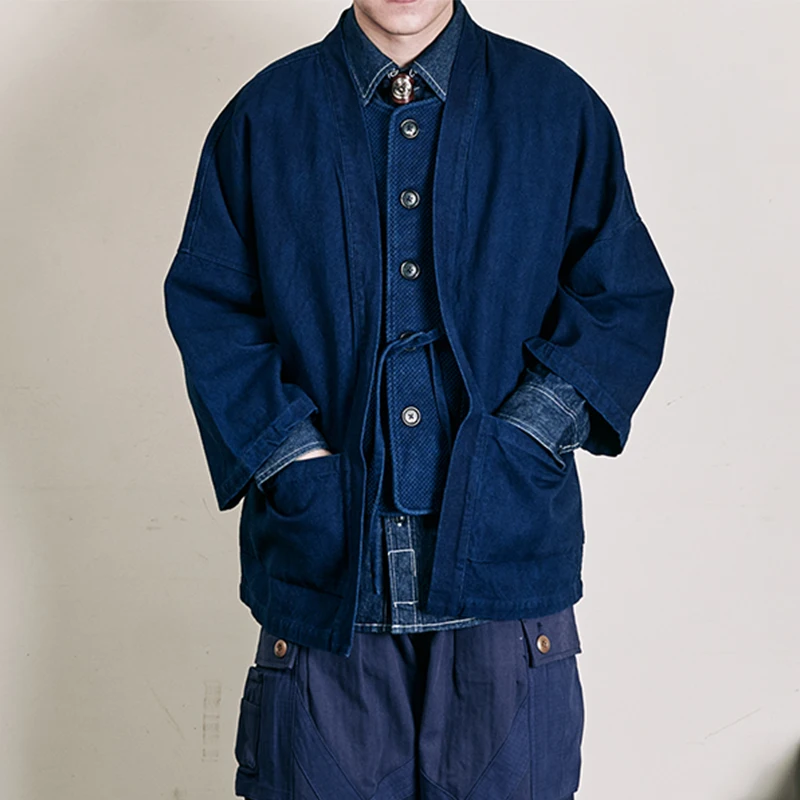 Vintage Kendo Indigo Jacket Men Heavy Weight Cotton Linen Pockets Blue Dyed Jacket Autumn Male Loose Casual Cardigan Jacket Coat