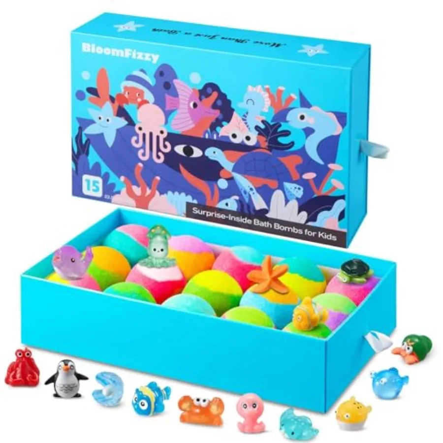 Sea Surprise Bath Bombs for,15 Pack Organic Fizzy Bath Bombs Gift Set with Hidden Ocean Toys, Gentle and Scented, Kid-Safe and