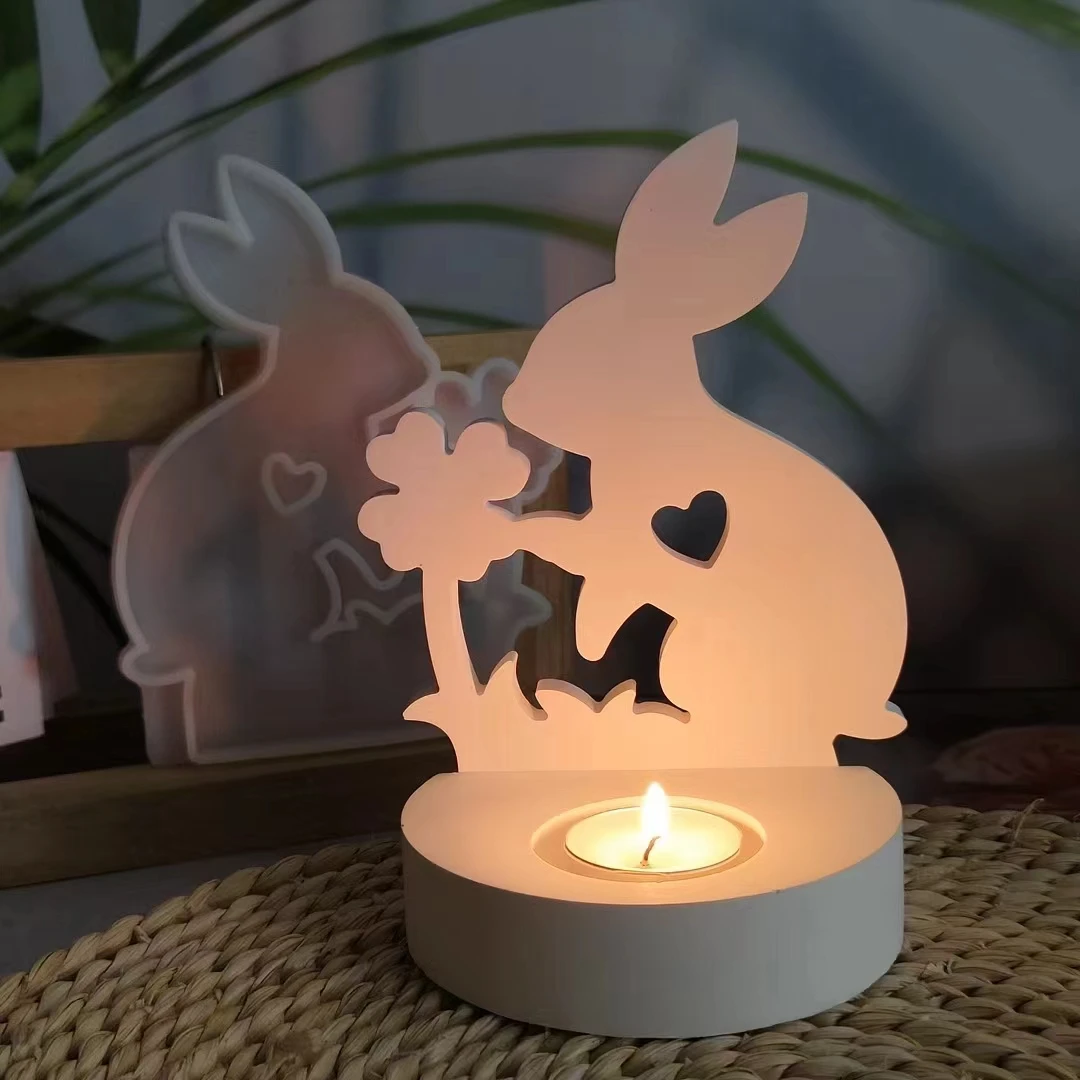 Easter Love Rabbit Candle Holder Silicone Mold DIY Cement Gypsum Clay Pouring Ornaments Resin Mold Home Holiday Decoration