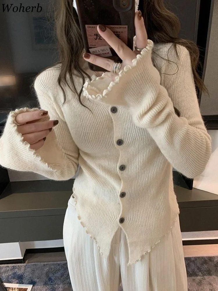 Sweet Sueter Mujer Women Cardigan O-neck Long Sleeve Tunic Temperament Pull Femme Ruffles Fashion Knitted Solid Irregular Tops