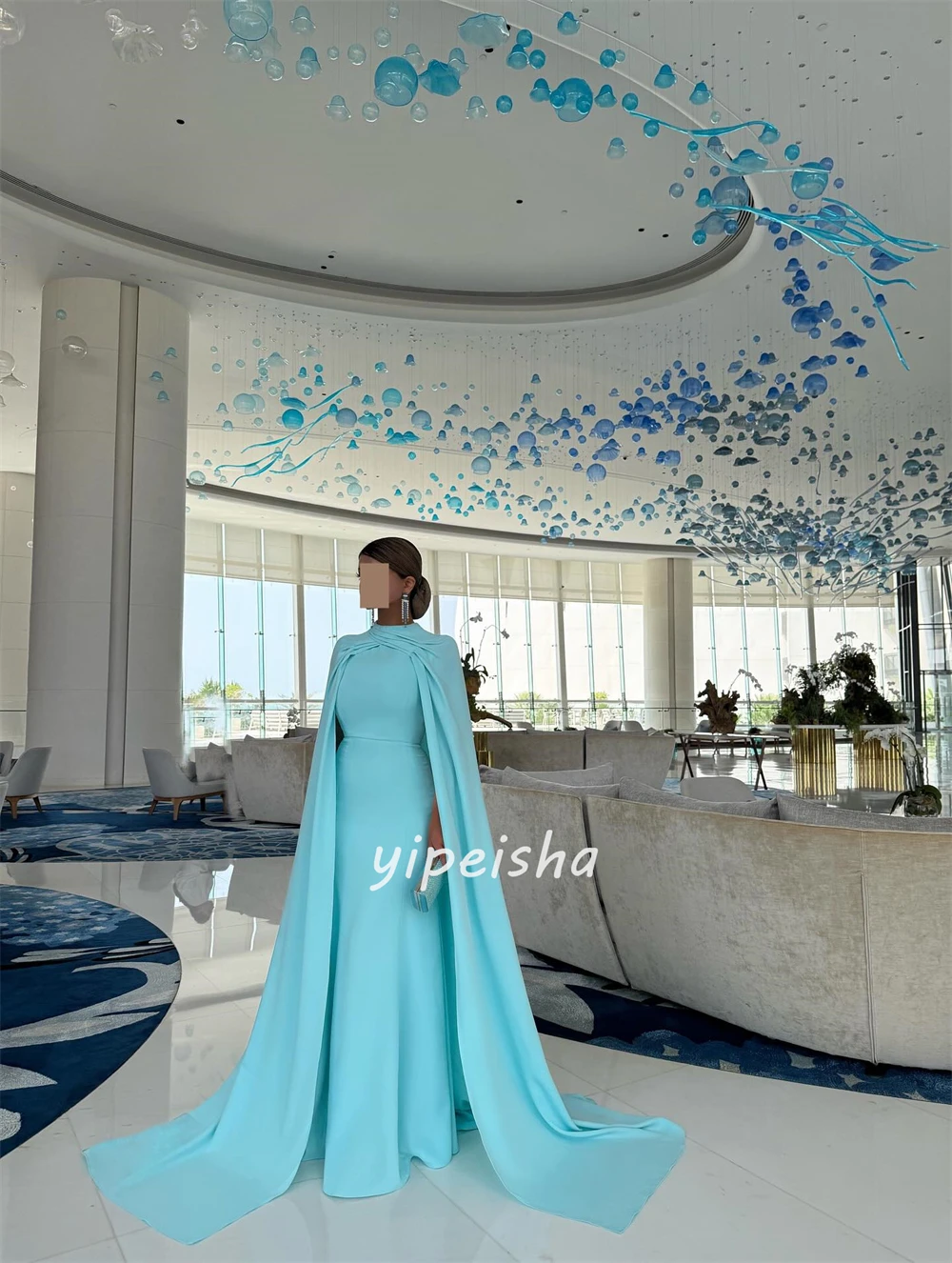 Robes longues personnalisées de Style moderne, Jersey plissé froncé, ligne a, col haut, robes d'occasion sur mesure, élégantes et formelles