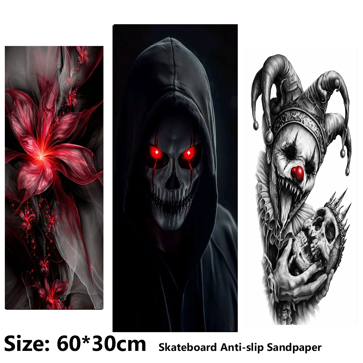 Electric Scooter Anti-slip Sticker Sandpaper Skateboard GripTape Sheet 60*30cm Clown Red-eyed Skull Pattern