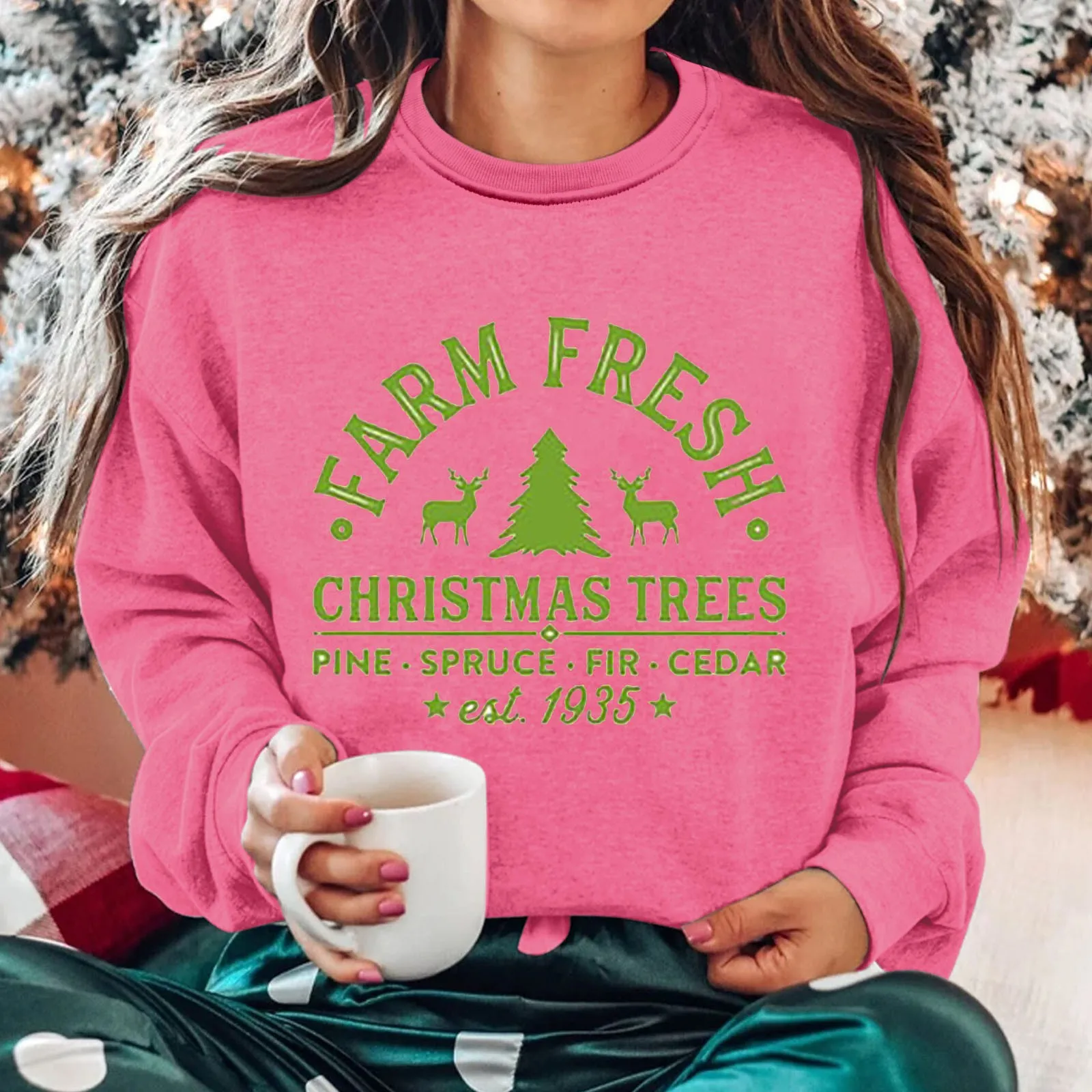 Women's Round Neck Long Sleeved FARM FRESH CHRISTMAS TREES SPRUCE FIR CEDAR EST.1935 Large Zipper Hoodie Women Casual Top