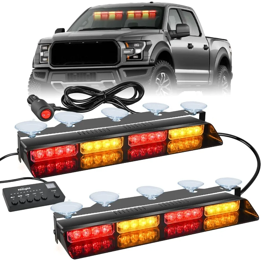 

32LED Amber Red Emergency Dash Strobe Lights with Controller Suction Cups Warning Hazard Interior Front Rear Windshield Deck Sp