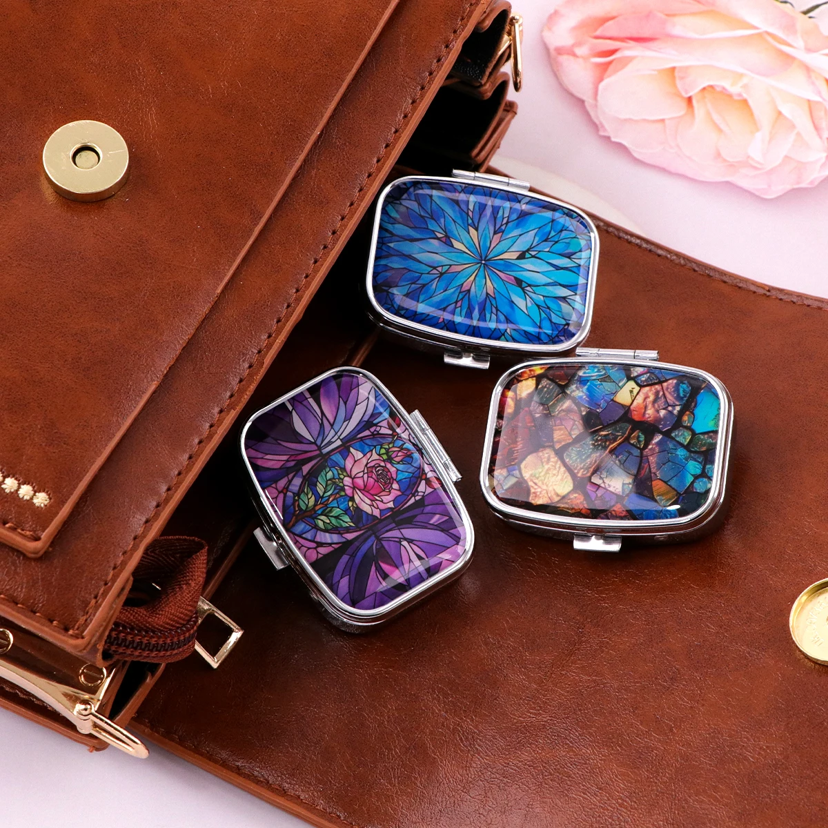 Stained Glass Butterfly Pill Box Portable Metal Pill Case with Mirror Starry Sky Design for Travel Purse Medicine Storage Gifts view 3