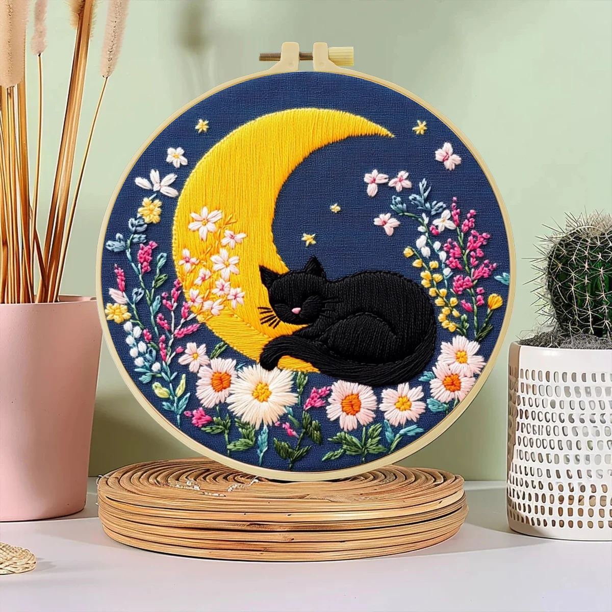 1 Stück 20X20CM/15X15CM 7,87/6,3 Zoll Der Mond und die schwarze Katze Stickerei-Starter-Kit DIY-Set Nadelkunst Heimdekoration – Detail 1