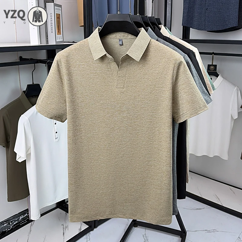 Male v notch lapel polo tee heather matte knit slim breathable travel gathering multi scene short sleeve business shirt