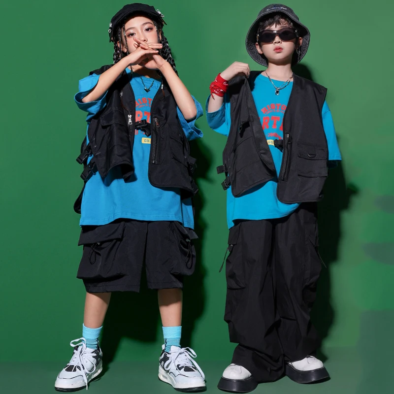 

2023 Jazz Modern Dance Costumes For Kids Loose Blakc Vest Hiphop Pants Boys Streetwear Girls Hip Hop Dancing Clothes DQS13015