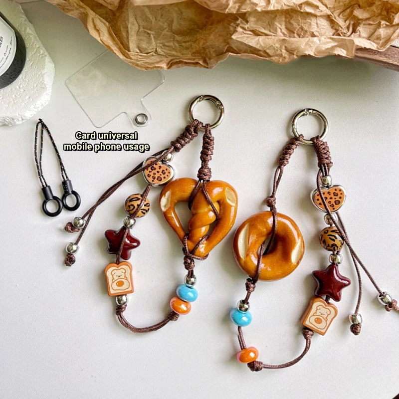 

Creative Simulation Bread Beaded Keychain Vintage Wristband Keyring Anti-lost Universal Phone Lanyard Bag Pendant Key Accessory