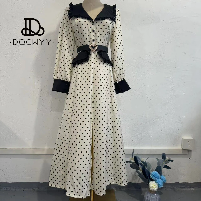 Elegant Party Dresses 2024 Newlace Lace Doll Collar Slim Fit Polka Dot Printed Dress Evening Dress Long Dresses Woman Clothing