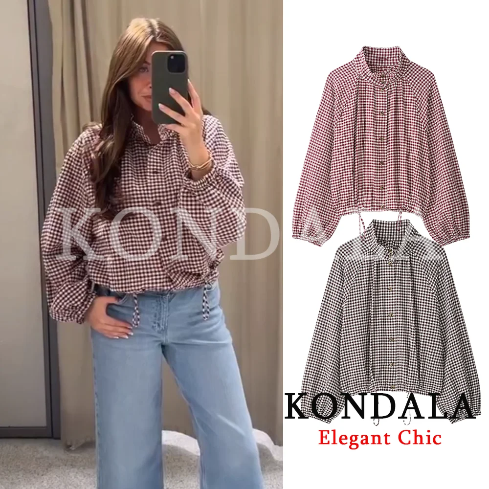 KONDALA Women Casual Elegant Plaid Shirt Jacket 2026 Spring Fall Trendy High Street Vintage Jacket Commute Lady Versatile Jacket