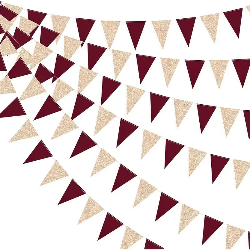 4Pcs Burgundy Maroon Champagne Gold Paper Hanging Triangle Flag Garlands for Valentine's Day Anniversary Birthday Party Supplies