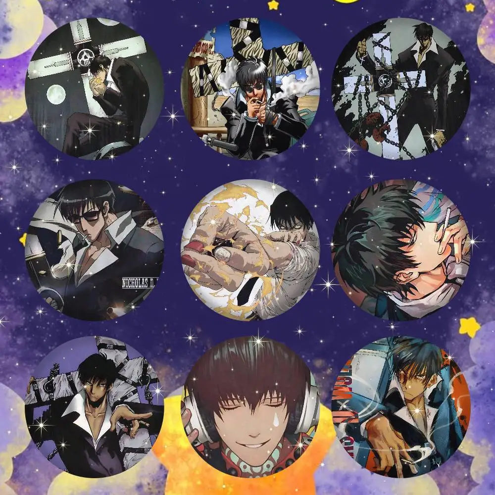 T-Trigun-N Snap-in Pins Cartoon Character Round Creative Brooches for Backpack Accessories Jewelry Gifts