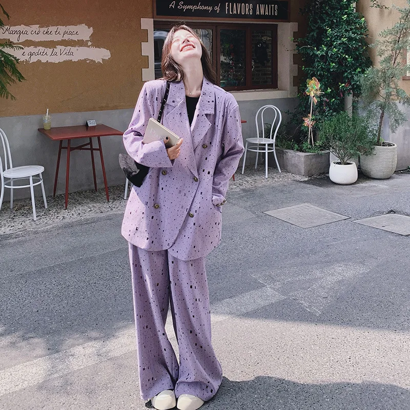 Korean Style Casual Two Piece Set Autumn New Female Business Printing Loose Jacket+Fashion Vintage Wide Leg Trousers