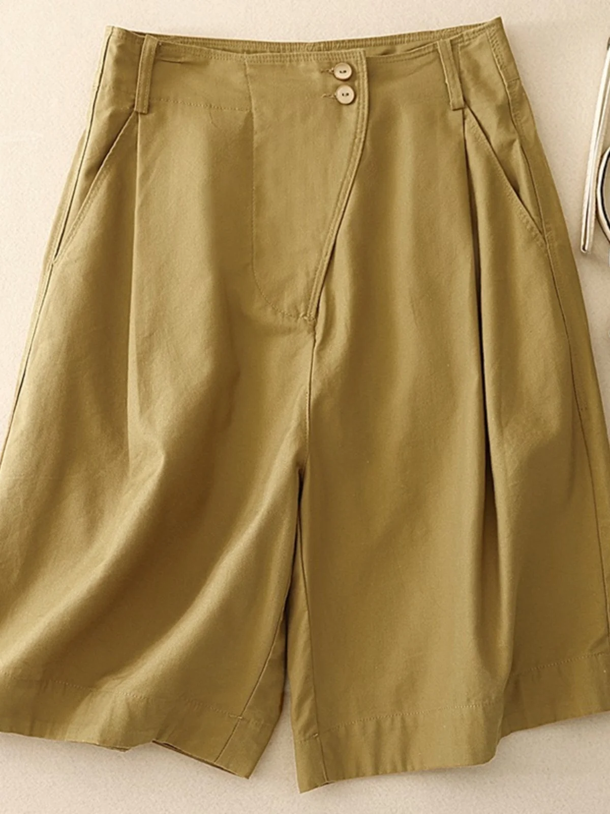 

Khaki Wide Leg Short Pants Women's Summer Casual High Waist Slimming Loose Fit Five-Quarter Straight Cut Trousers