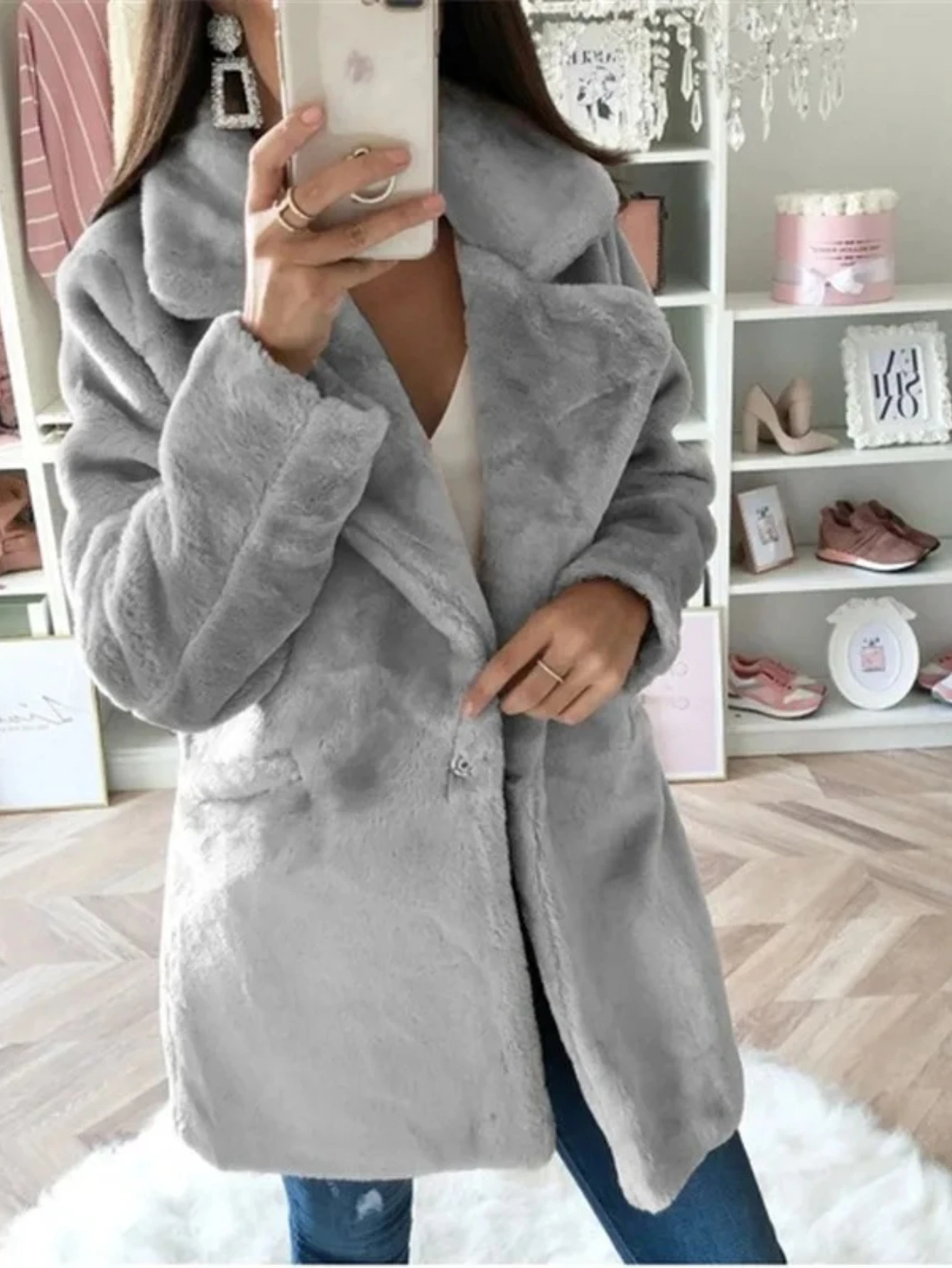 

Autumn and Winter Woolen Coat Women's Medium and Long Solid Color Loose Plush Coat Imitation Fur Coat