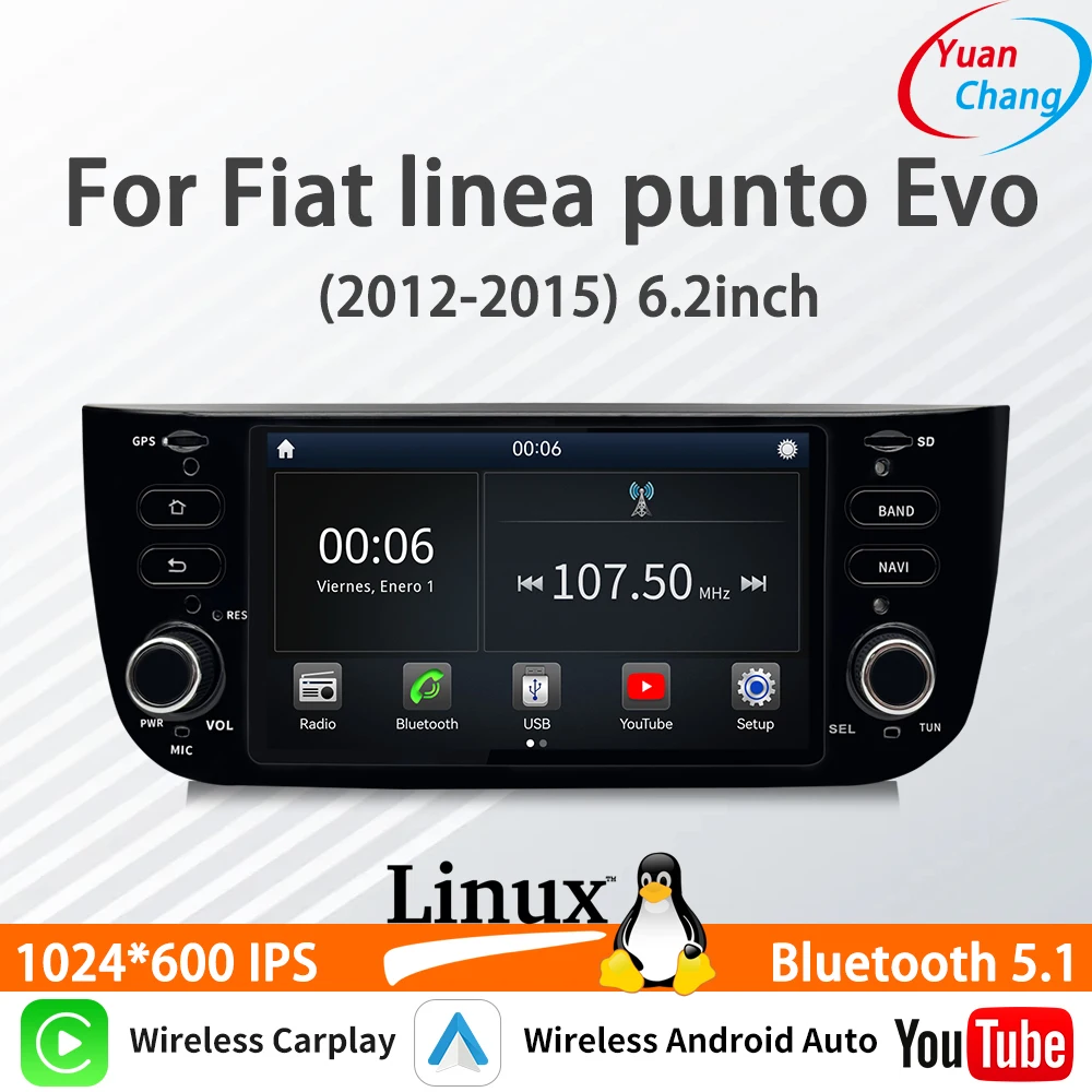 Adecuado para Fiat linea punto Evo 6,2 pulgadas nuevo Linux estéreo de coche inalámbrico CarPlay Android Auto FM DSP Bluetooth reproductor Multimedia