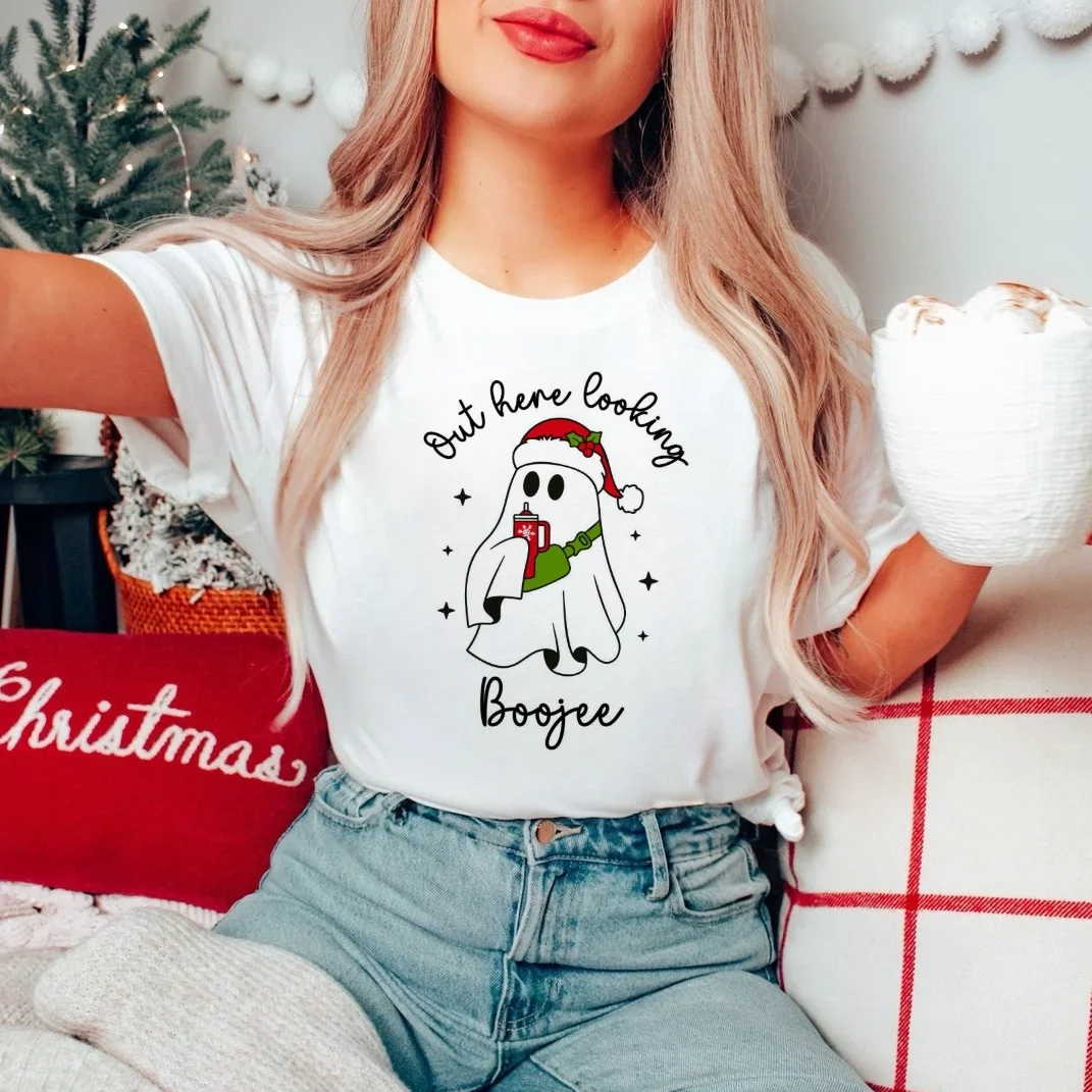 Fashionable Women's Xmas Out Here Looking Boojee Print Pattern Trendy Style 90s Clothing T-Shirt Short Sleeved Casual T-Shirt