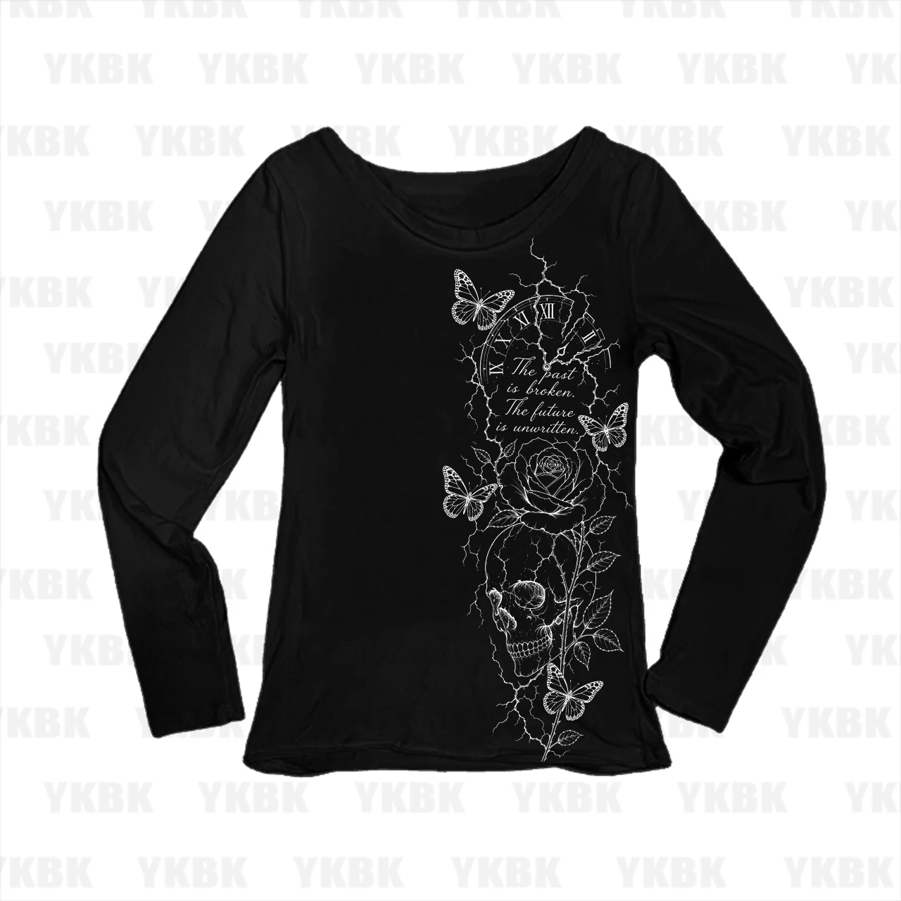 Y2K Gothic Grunge Skull Rose Butterfly Clock Slogan Print Women Long Sleeve T-Shirt O-Neck Slim Fit Graphic Casual Tops
