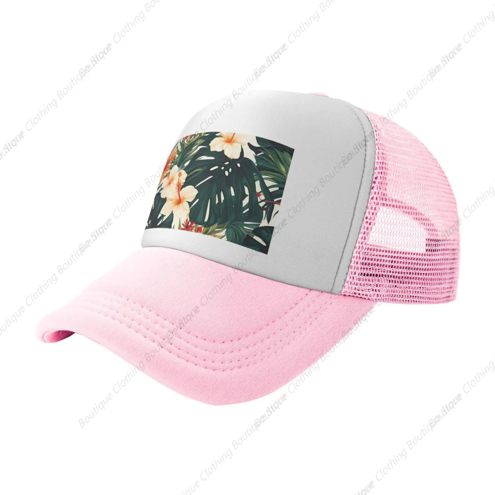 

Trucker Hat Tropical Hawaiian Floral Palm Leaf Print Mesh Baseball Cap with Adjustable Buckle Back Strap