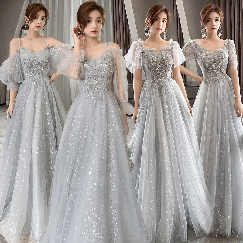 

Grey Tulle Bridesmaid Dresses Elegant Woman Applique Off The Shoulder Floor Length Wedding Party Dress Formal Prom Gowns