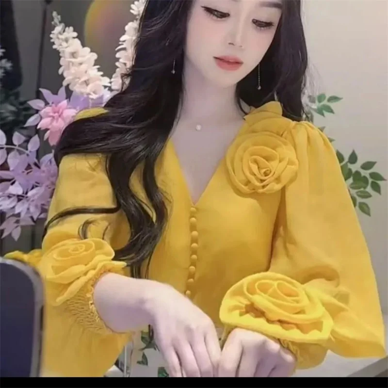 

High End V-Neck Floral Versatile Long Sleeved Yellow Shirt Women's Shirt Blouse 2026 Spring Summer Autumn New Loose Slim Top