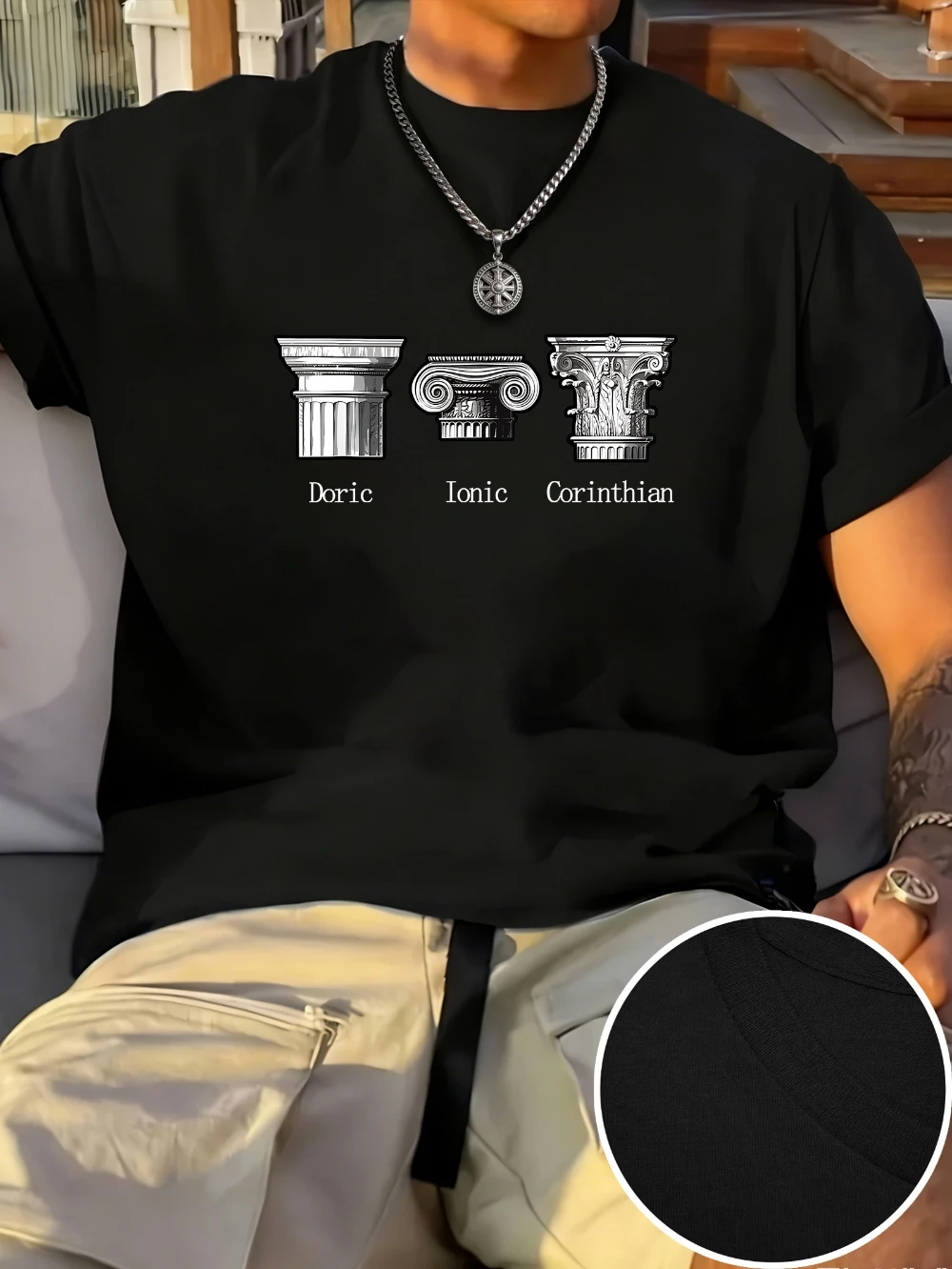 Men's Ancient Greek Classical Architecture T-Shirt Heavyweight 180gsm Cotton Tee with Doric Ionic Corinthian Column Designs