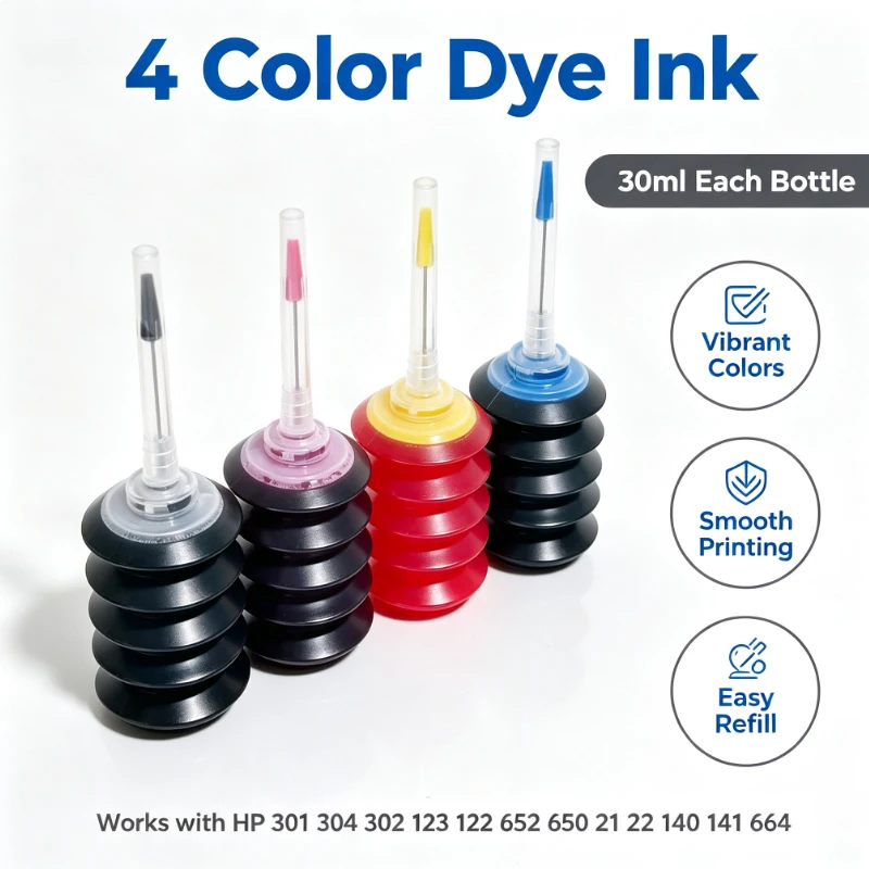 30ml 4 Color Dye Ink Refill Kit for HP 301 304 302 123 122 652 650 21 22 140 141 664 Desktop Printer
