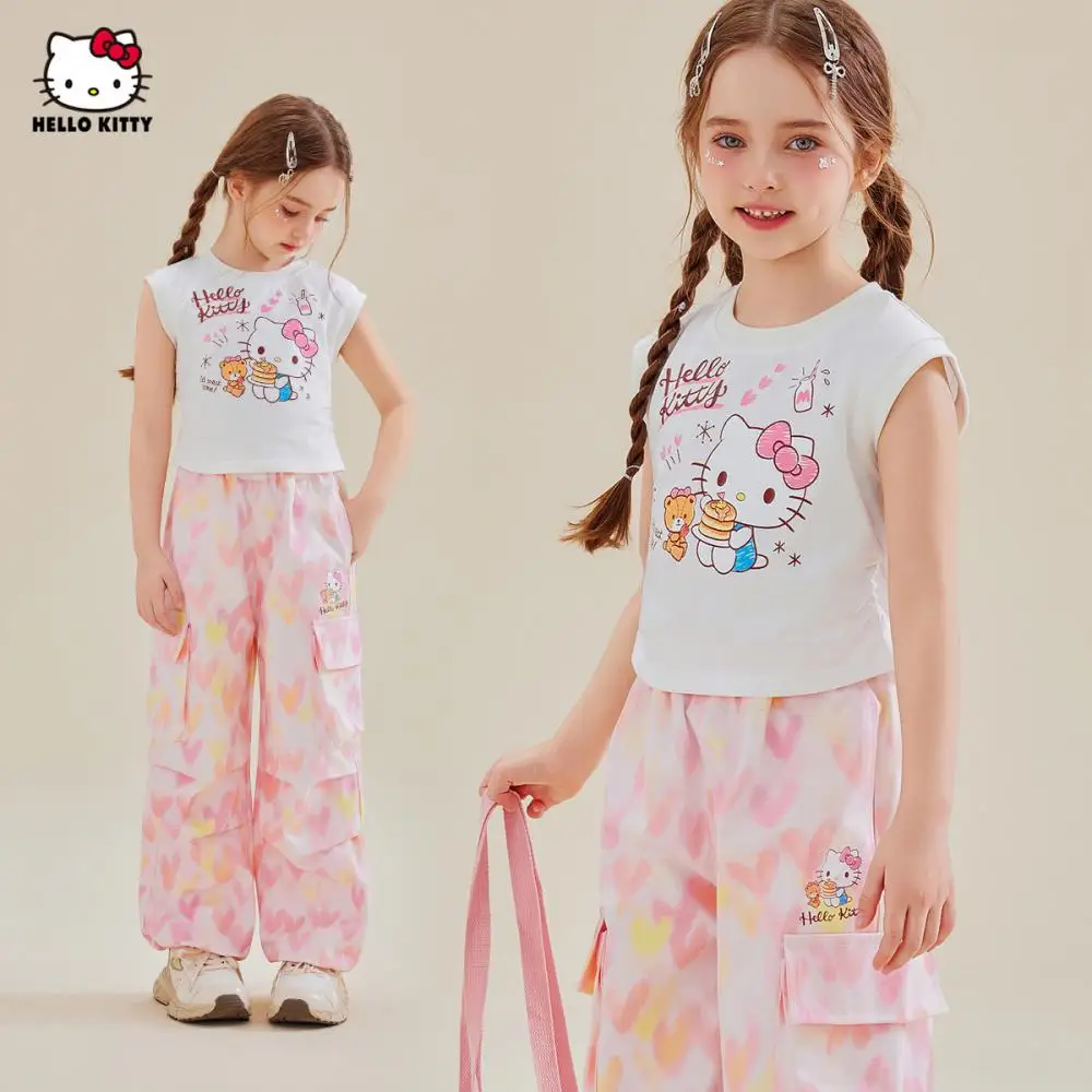 

Sanrio Hello Kitty Girls Short Sleeve Set New Summer Dopamine Child T-Shirt Pants Suit Sweet Street Tops Trousers Kids Gifts