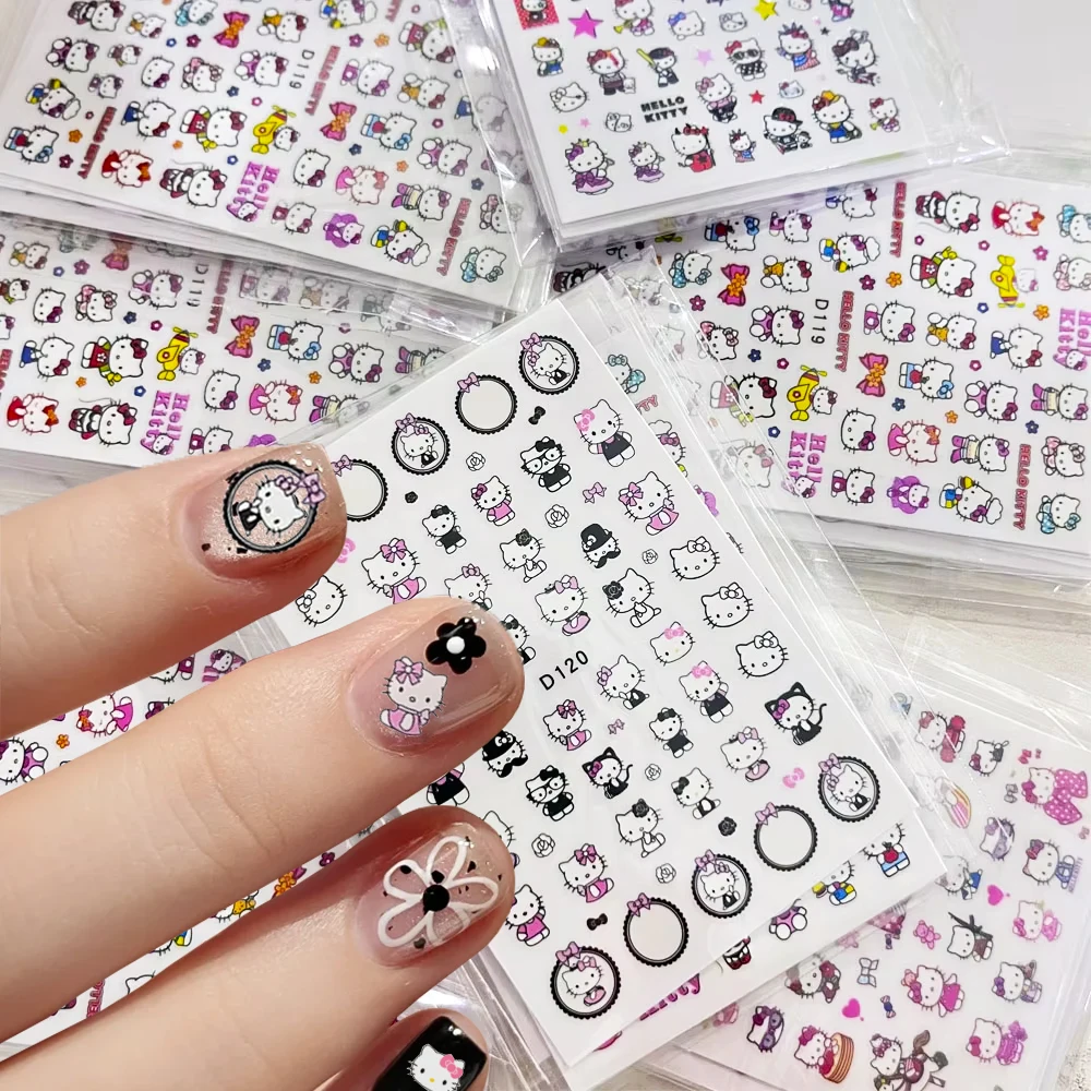 

6pcs/Set Mixed Hello Kitty Nail Art Stickers 3D Pink Bow Gentleman Cat Cartoon Nail Decals DIY Kawaii Hawaiian Nail Sticker Deco