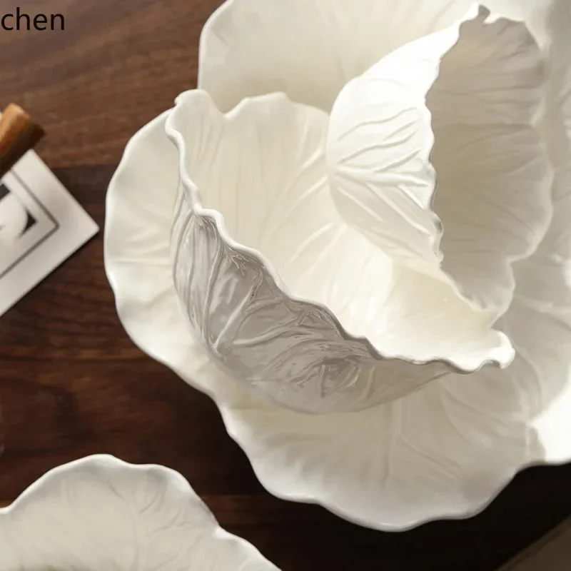 DSA Ceramic Flower Creative Cabbage Embossed Tableware Fruit and Vegetable Salad Bowl Soup Bowl