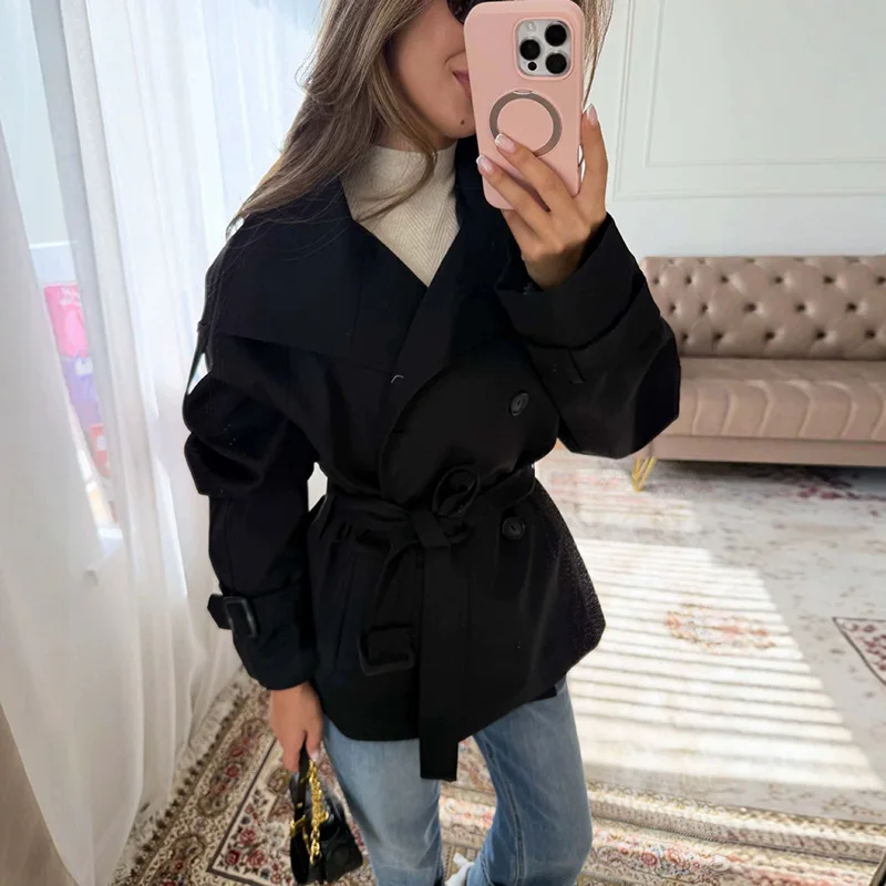 Elegant Belt Women's Short Trench Coat Stand Collar Long Sleeve Double Breasted Windbreaker 2026 Autumn Lady Commute Jacket 7