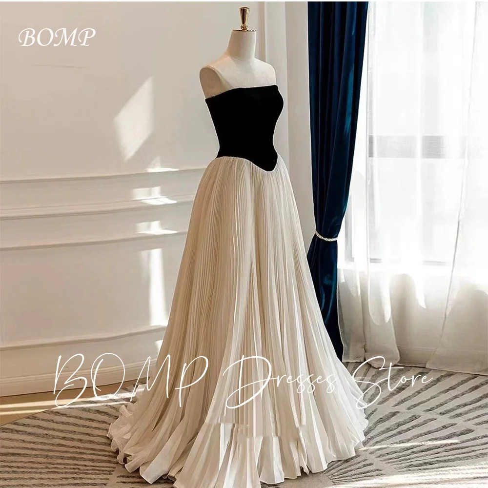 

BOMP Princess Contrast Pleat Wedding Party Dress Strapless A-Line Satin Korea Photo Shoot Bridal Reception Gown Customized