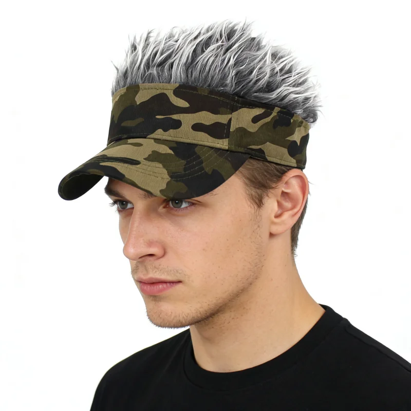 Men Synthetic Spiked Hair Wig Golf Baseball Cap Fake Short Hair Sports Hat Outdoor Army Green Camouflage Printed Sunshade Sunhat