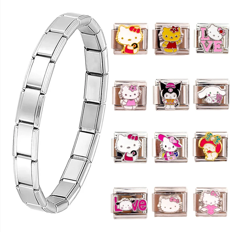 Fashion Kawaii Y2k Hello Kitty Cute Italian Charm Links Fit 9mm Bracelet Stainless Steel Jewelry DIY Making Gift for Women Girls