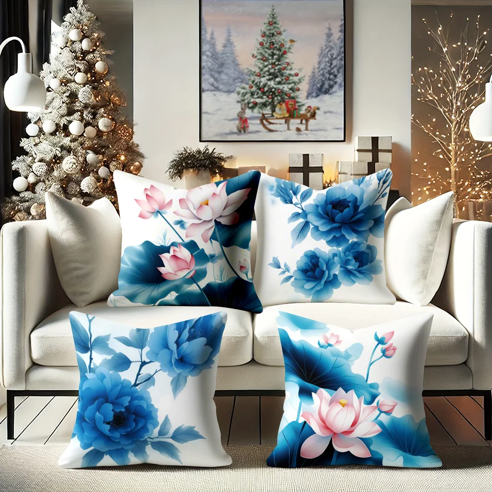 Lotus and Peony Theme digital printing pillow cover Short plush Suitable living rooms bedrooms sofas throw cushion cover 4pcs