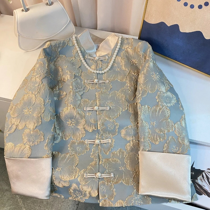 Chaqueta de estilo chino para mujer, abrigo elegante Floral dorado, chaqueta superior azul, abrigos de flores Jacquard Vintage, otoño y primavera