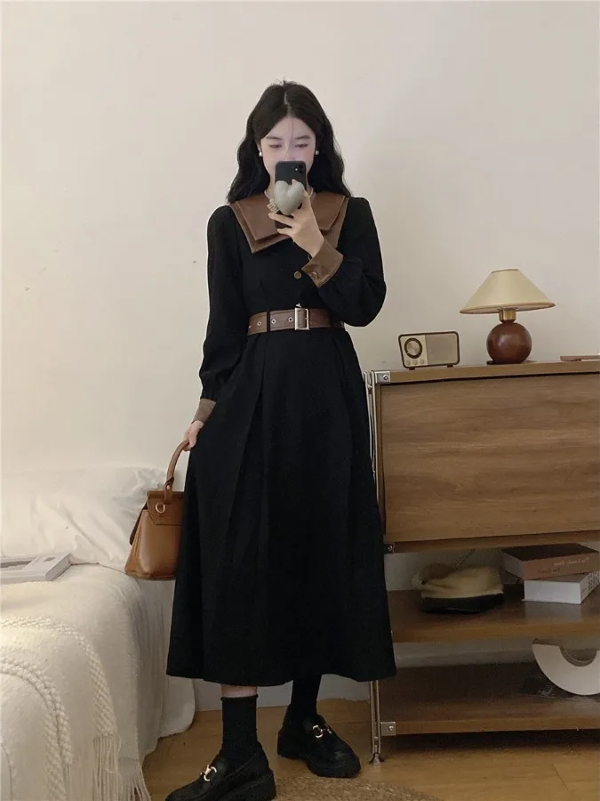 

plus Size Women's Velvet Doll Collar A-Line Long Dr Slimming Waist High Waist Vintage Sle Ci Commute Autumn Dr