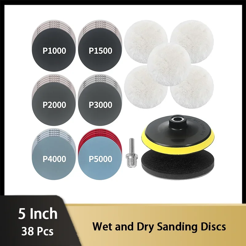 38枚入り 5インチ (125mm) ウェット＆ドライ サンディングペーパー 1000-5000グリット ウールパッド付き バッキングパッド ドリルポリッシャー サンディングアタッチメント用