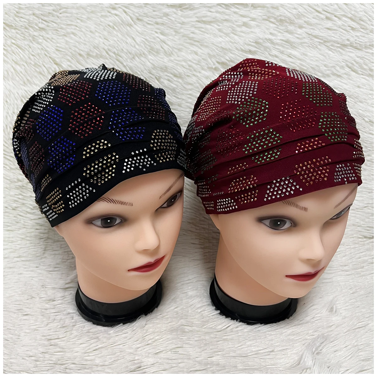 6/12 Pieces Latest Fashion Muslim Female Turban Hat Bonnet Velvet Hot Rhinestone Solid Indian Beanie Hair Bonnets Cap For Women