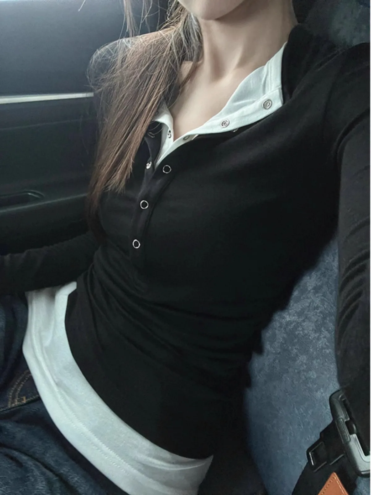 

American Henry Collar Long Sves T-irt Fem Fall and Winter Bandage Dr Inner Boting irt Sexy Silm Contrast Colo...