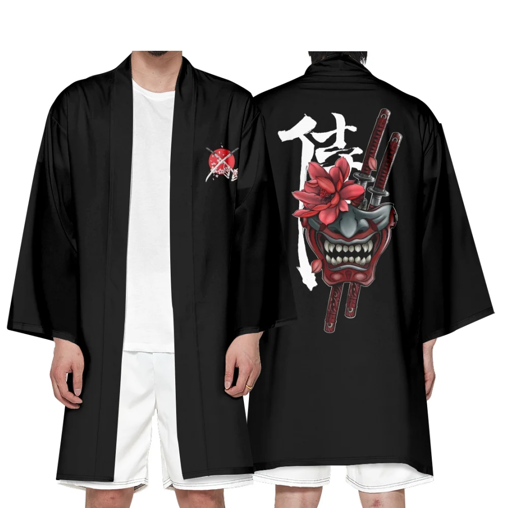 Men's Japanese Long Kimono Cardigan Boys Samurai Costume Kimono Japanese Sword Demon Pattern Kimono Shirt Yukata Outer Cover